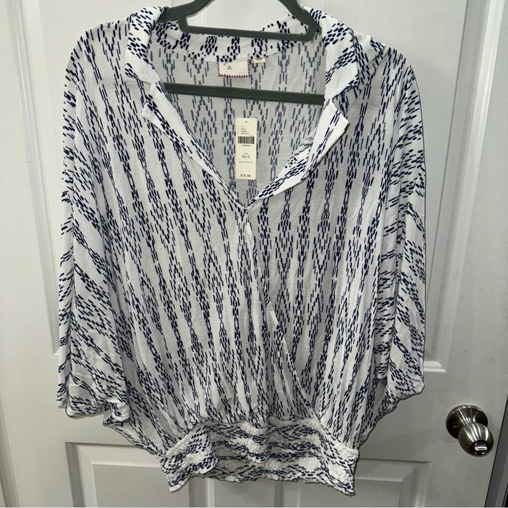 NWT Anthropologie Blue & White Elastic Waist Top - XS/S